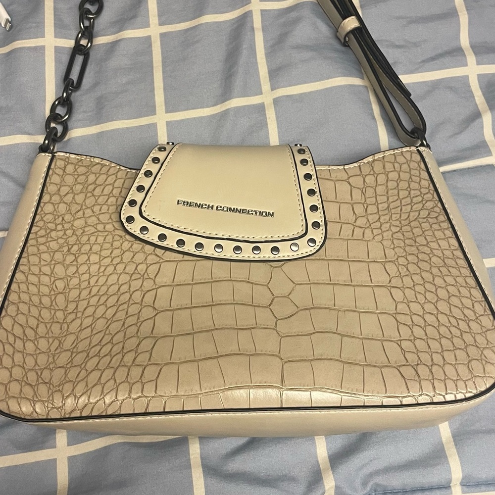 French Connection Croc-Embossed Shoulder Bag in Cream